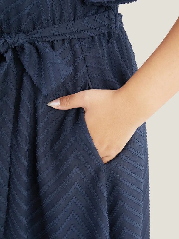 Plain Geometric Pocket Mesh Ruffle Sleeve Belted Wrap Dress