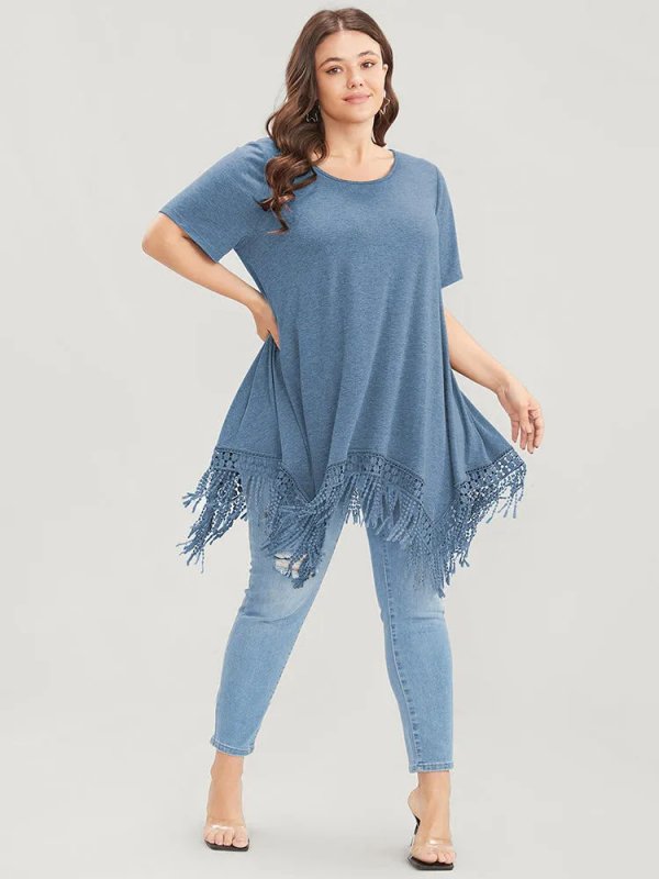 Solid Round Neck Lace Fringe Hem T-shirt