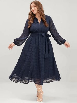 Solid Geometric Pocket Mesh Lantern Sleeve Belted Dress