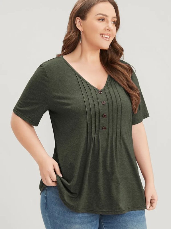 Solid Pleated Front Button Detail V Neck T-shirt