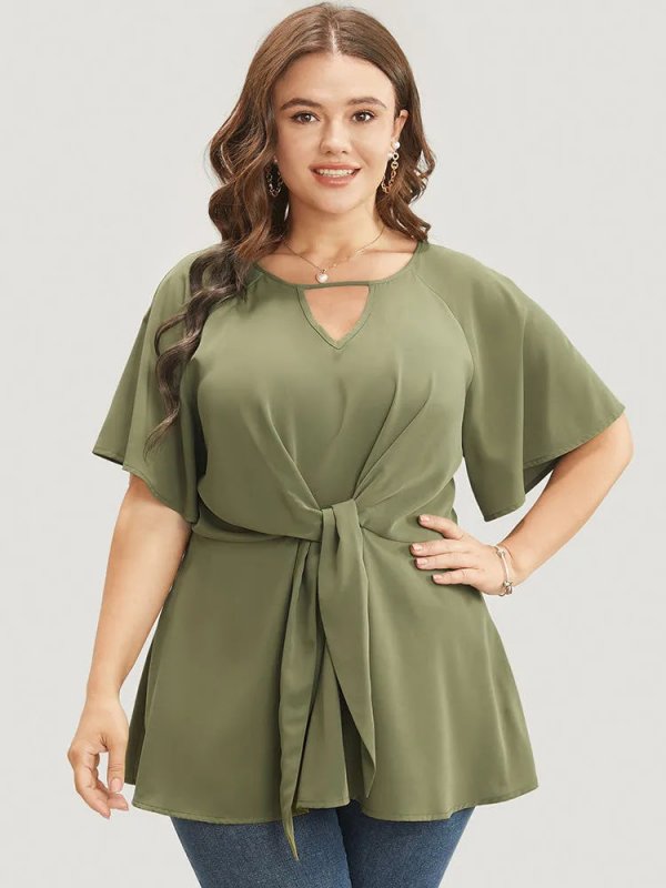 Plain Keyhole Knotted Front Ruffle Sleeve Blouse