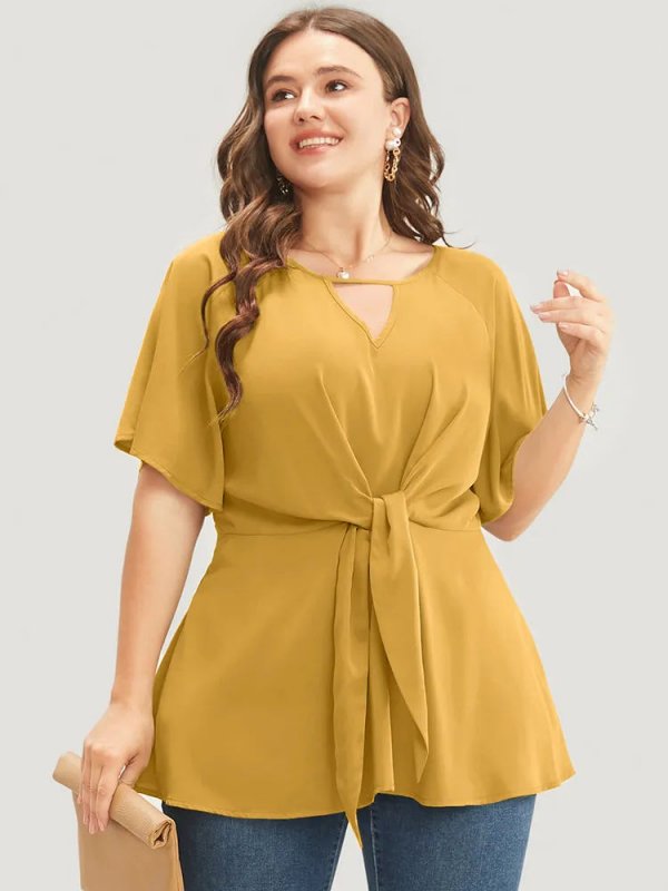 Plain Keyhole Knotted Front Ruffle Sleeve Blouse