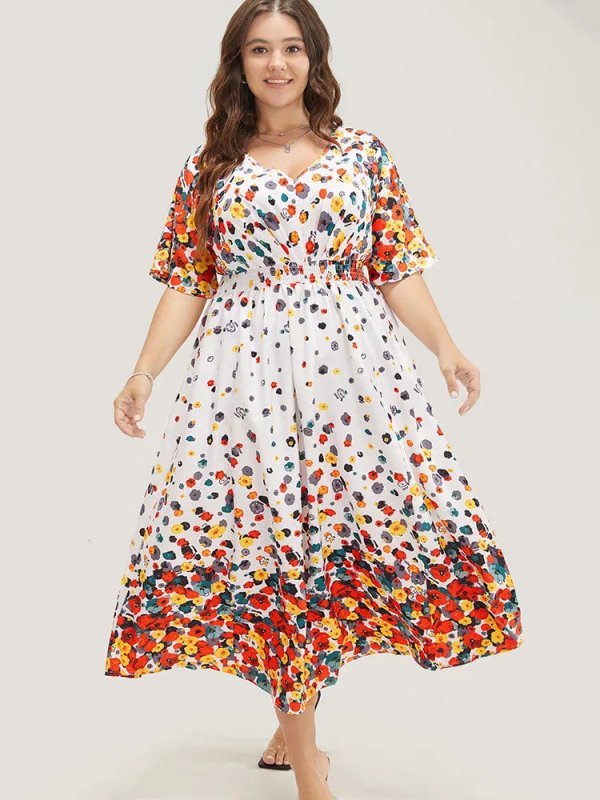 Floral Printed Pocket V Neck Shirred Split Hem Dress
