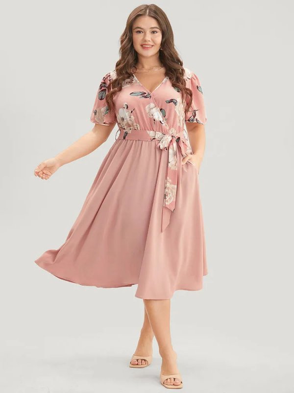 Floral Printed Pocket Ruffles Surplice Neck Belted Midi Dress