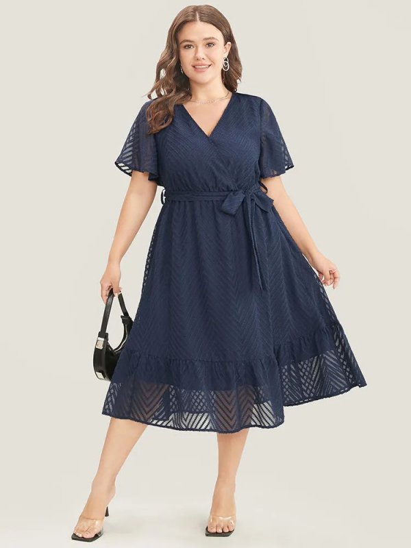 Plain Geometric Pocket Mesh Ruffle Sleeve Belted Wrap Dress