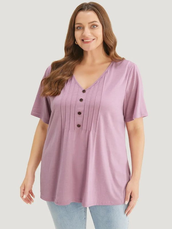 Solid Pleated Front Button Detail V Neck T-shirt