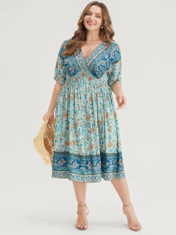 Floral Dolman Sleeve Ruffles Shirred Split Hem Dress