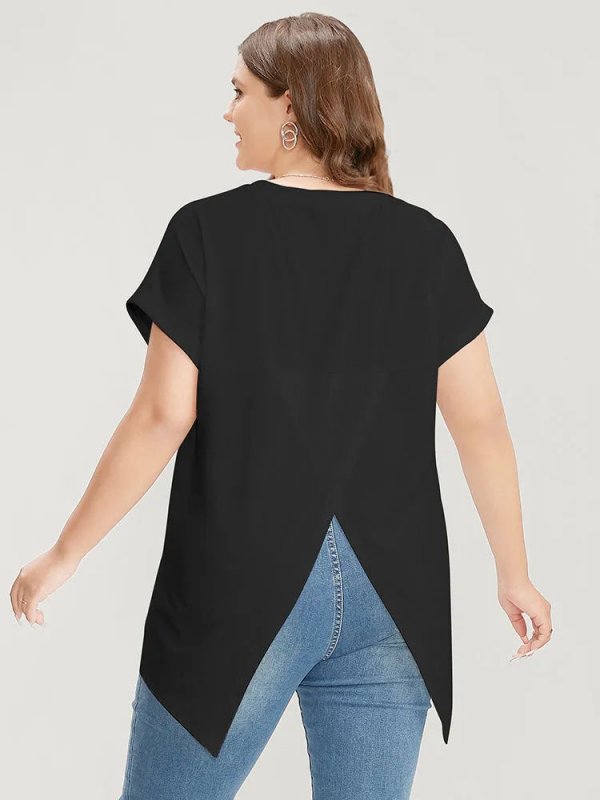 Solid Round Neck Crossover Back T-shirt