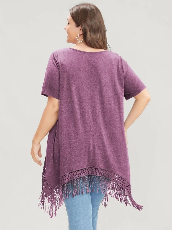Solid Round Neck Lace Fringe Hem T-shirt