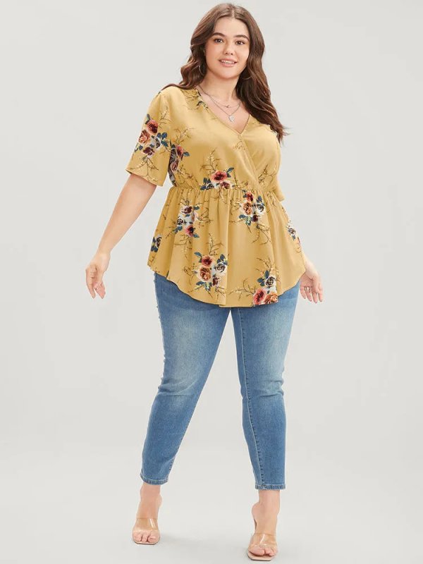 Floral Print Wrap Ruffles Asymmetrical Hem Blouse