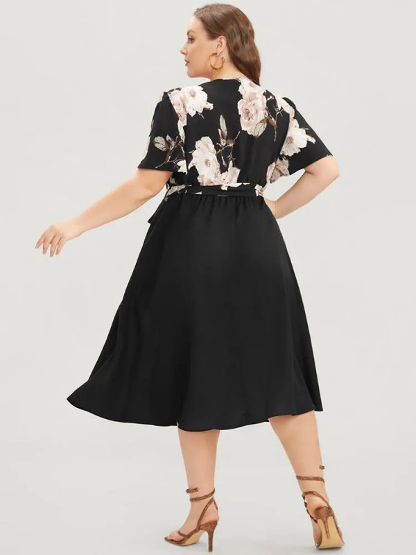 Floral Printed Pocket Ruffles Surplice Neck Belted Midi Dress