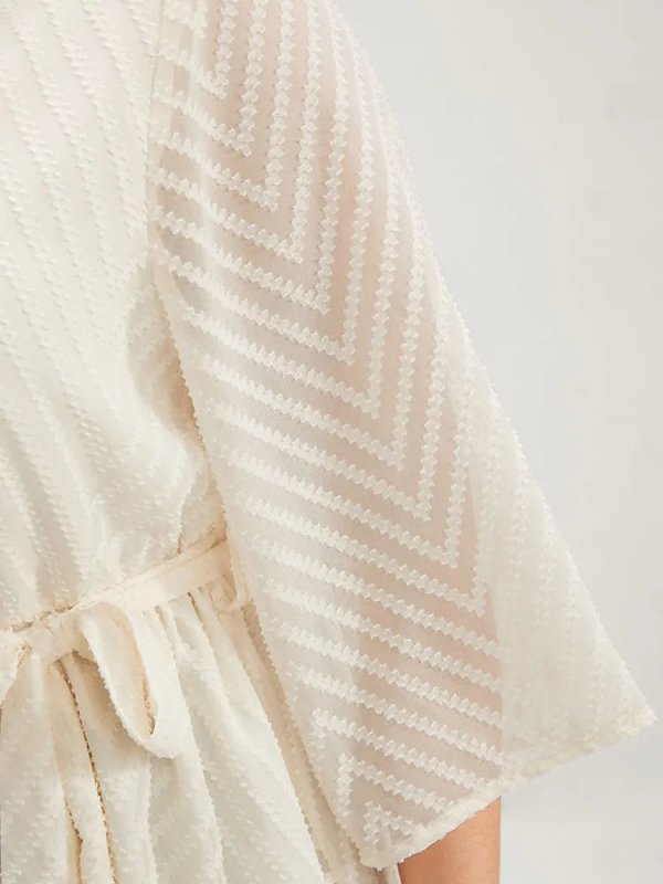 Plain Geometric Mesh Surplice Neck Belted Ruffles Blouse