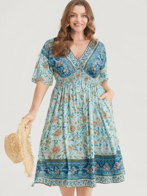 Floral Dolman Sleeve Ruffles Shirred Split Hem Dress