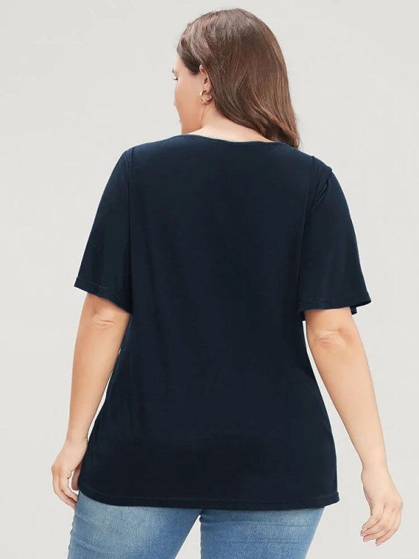 Solid Ruffle Sleeve Lace V Neck T-shirt