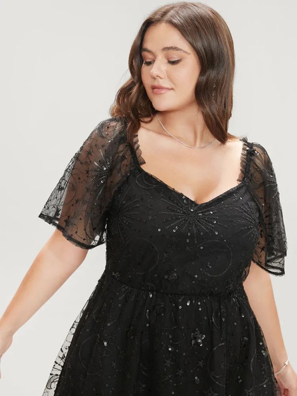 Moon And Star Sequin Detail Pocket Mesh Midi Dress