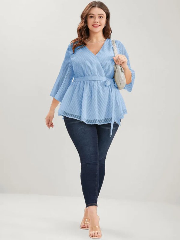 Plain Geometric Mesh Surplice Neck Belted Ruffles Blouse