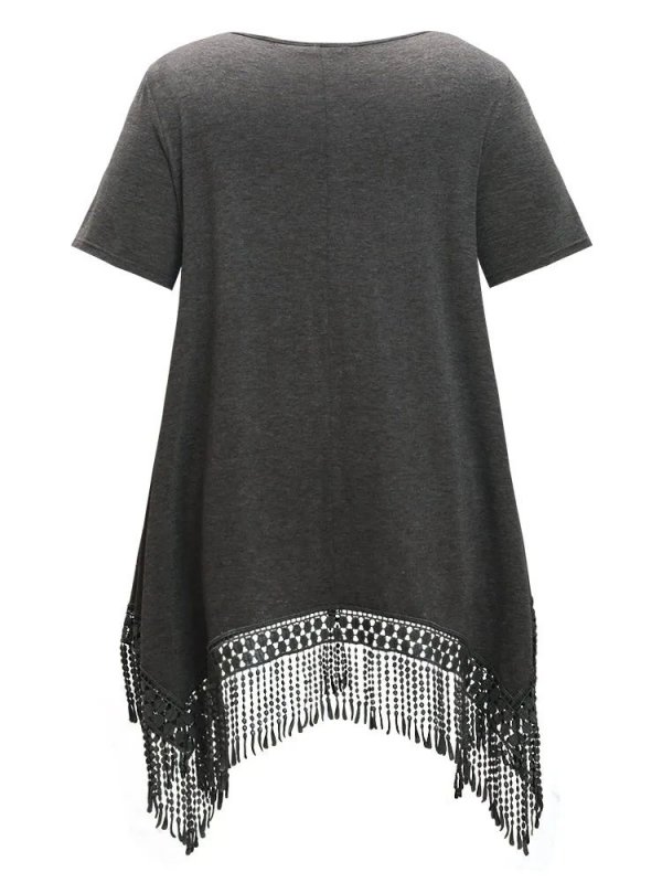 Solid Round Neck Lace Fringe Hem T-shirt