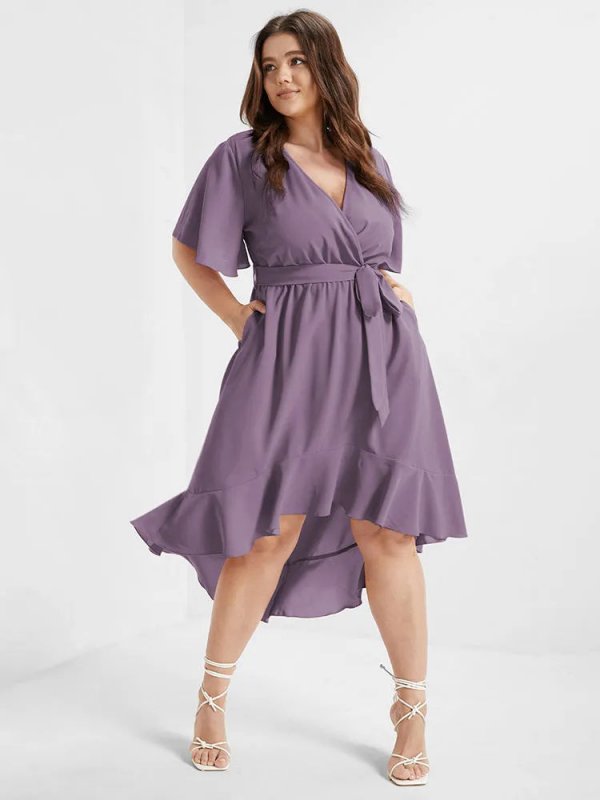 Bloom Dress - Solid Tie Surplice Ruffle High Low Dress
