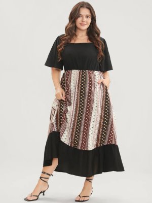 Bandana Patchwork Square Neck Pocket Ruffles Hem Dress