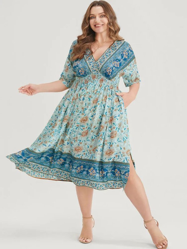 Floral Dolman Sleeve Ruffles Shirred Split Hem Dress