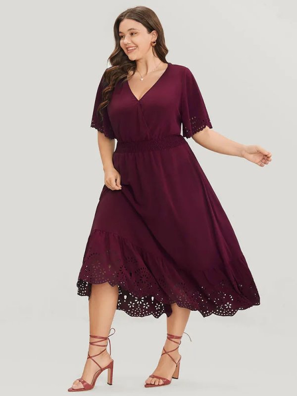 Solid Laser Cut Shirred Pocket Wrap Scalloped Trim Flutter Dress