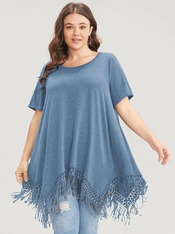 Solid Round Neck Lace Fringe Hem T-shirt