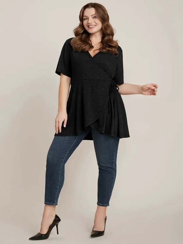 Solid Button V Neck Ruffles Blouse