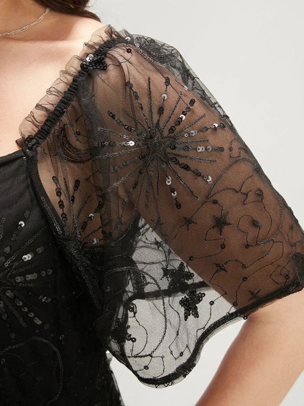 Moon And Star Sequin Detail Pocket Mesh Midi Dress