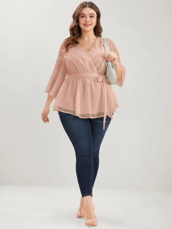 Plain Geometric Mesh Surplice Neck Belted Ruffles Blouse