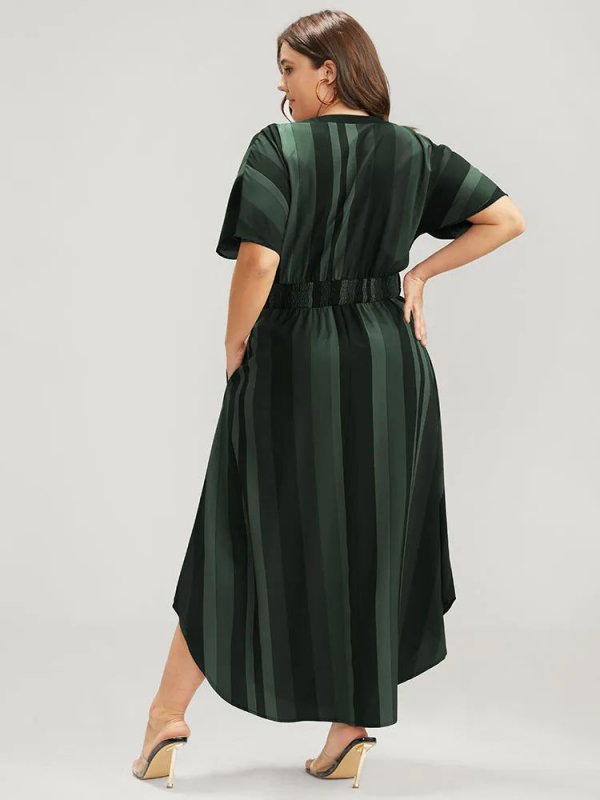 Striped Dolman Sleeve  Pocket Shirred Flutter Wrap Dress