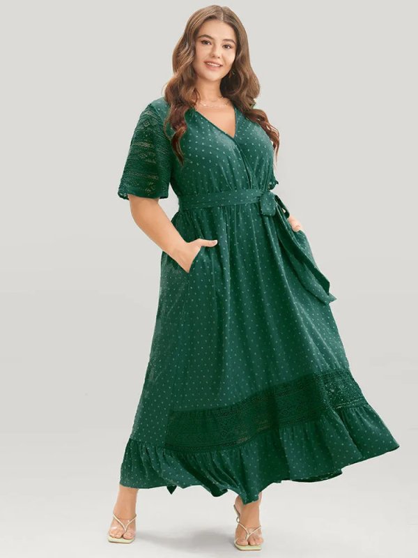 Solid Wrap Pocket Belted Contrast Lace Ruffle Trim Maxi Dress