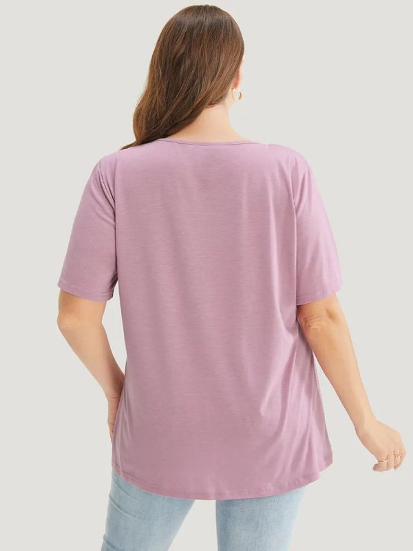 Solid Pleated Front Button Detail V Neck T-shirt