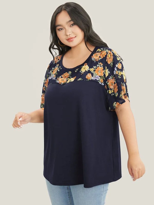 Floral Mesh Patchwork Ruffle Sleeve T-shirt