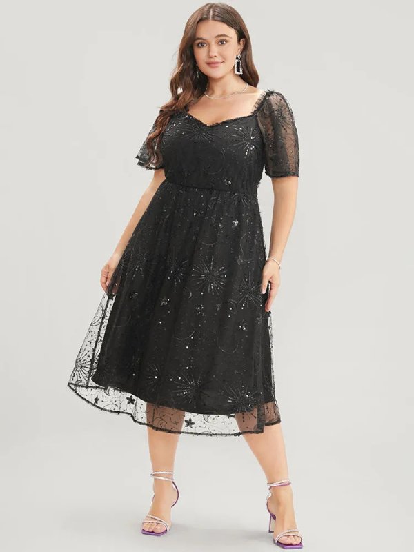 Moon And Star Sequin Detail Pocket Mesh Midi Dress