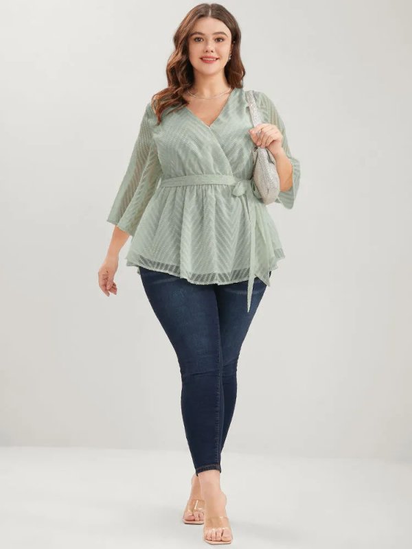 Plain Geometric Mesh Surplice Neck Belted Ruffles Blouse