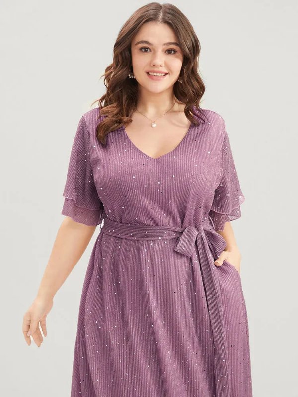 Plain V Neck Mesh Pocket Ruffle Tiered Belted Midi Dress