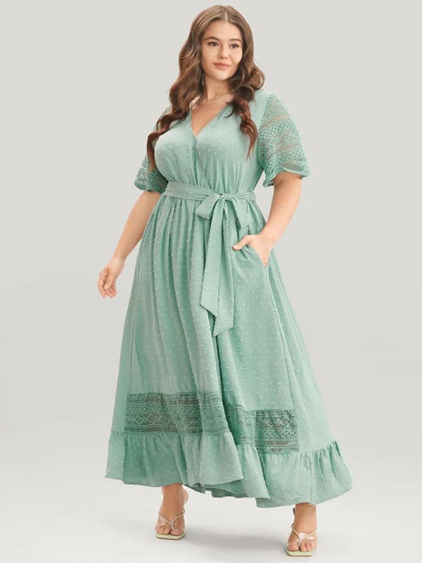 Solid Wrap Pocket Belted Contrast Lace Ruffle Trim Maxi Dress