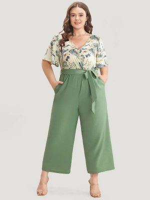 Floral Patchwork Wrap Belted Pocket Jumpsuit