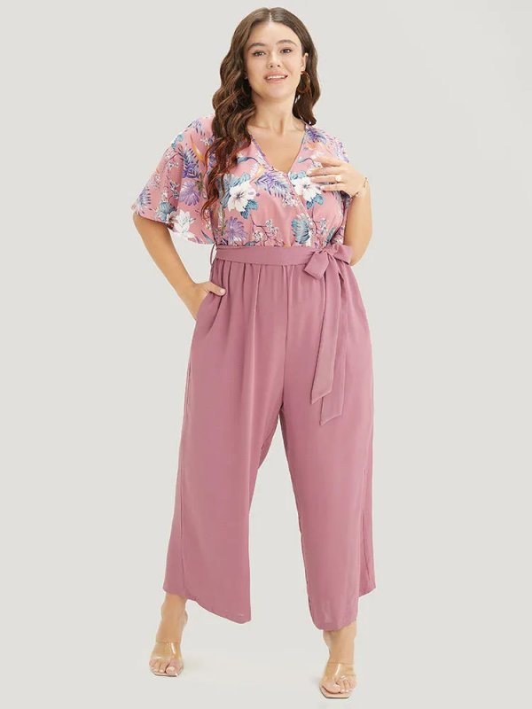 Floral Patchwork Wrap Belted Pocket Jumpsuit