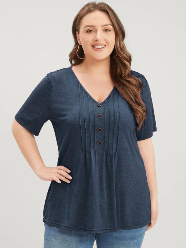 Solid Pleated Front Button Detail V Neck T-shirt