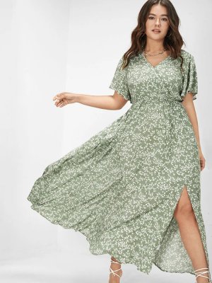 [Hot Sale] Flutter Sleeve Ditsy Floral Pocket Split Maxi Dress