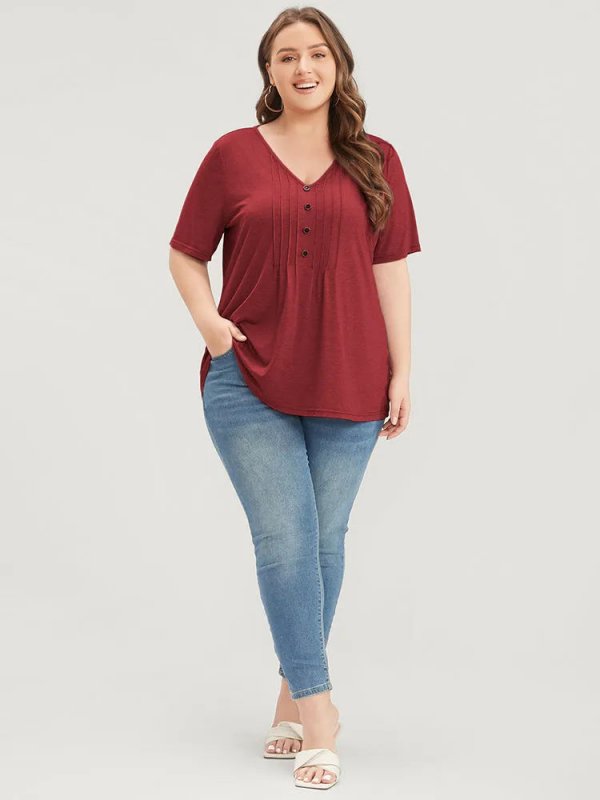 Solid Pleated Front Button Detail V Neck T-shirt