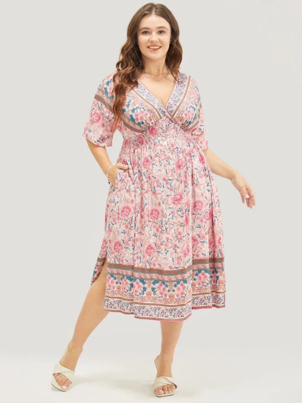 Floral Dolman Sleeve Ruffles Shirred Split Hem Dress