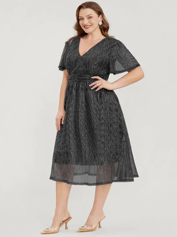 Glitter Mesh Surplice Neck Ruffle Sleeve Pocket Midi Dress