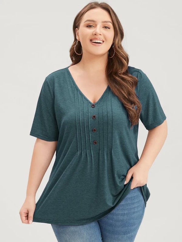 Solid Pleated Front Button Detail V Neck T-shirt