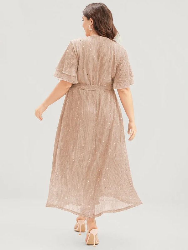 Plain V Neck Mesh Pocket Ruffle Tiered Belted Midi Dress