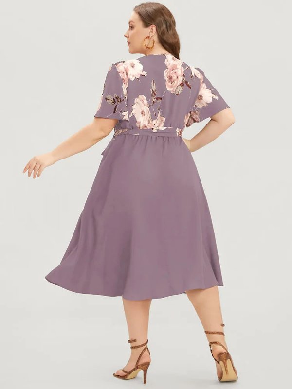 Floral Printed Pocket Ruffles Surplice Neck Belted Midi Dress