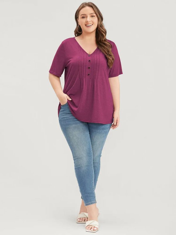 Solid Pleated Front Button Detail V Neck T-shirt