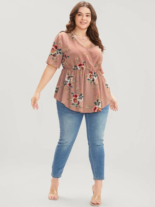 Floral Print Wrap Ruffles Asymmetrical Hem Blouse