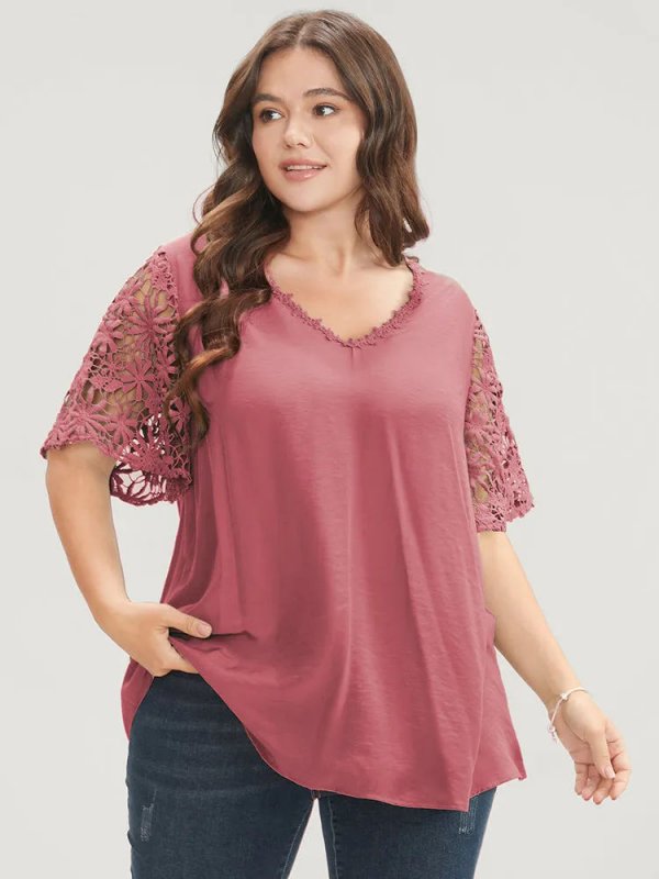 Plain V Neck Floral Patchwork Blouse